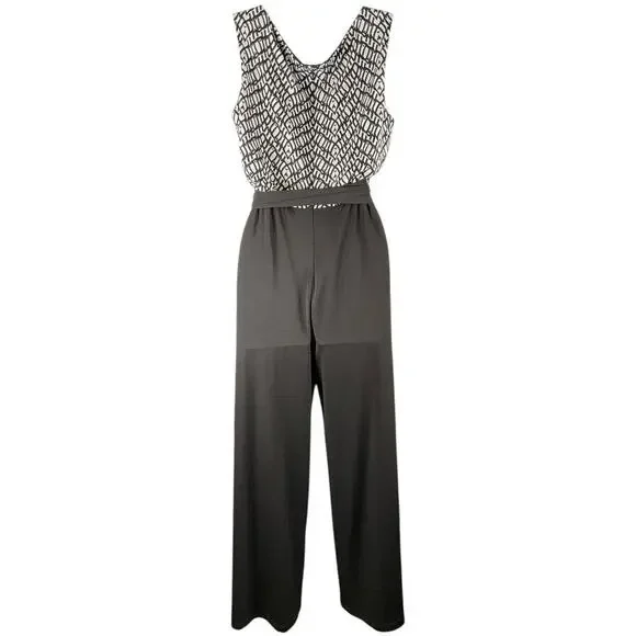 ROZ& Ali Black White Sleeveless Jumpsuit W/ Tie Waist Elegant Wide Leg Size 10P - Picture 2 of 10